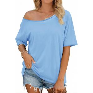 Fisoew Womens Off The Shoulder Tops Oversized Short Sleeve T-Shirts 2026 Summer Spring Casual Fashion Tees(Sky Blue)
