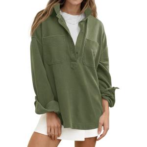 Fisoew Womens Oversized Sweatshirt Casual Long Sleeve Henley V Neck Pullover Tops Fall Outfits Clothes(Army Green)