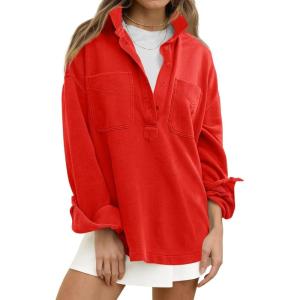Fisoew Womens Oversized Sweatshirt Casual Long Sleeve Henley V Neck Pullover Tops Fall Outfits Clothes(Red)
