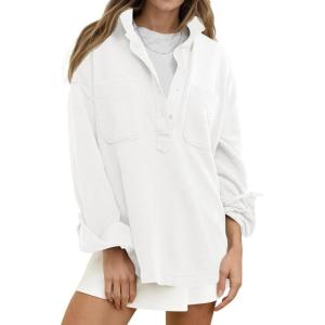 Fisoew Womens Oversized Sweatshirt Casual Long Sleeve Henley V Neck Pullover Tops Fall Outfits Clothes(White)