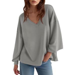 Fisoew Women‘s Oversized Sweatshirts Casual Deep V Neck Lantern Long Sleeve Fall Pullover Tops
