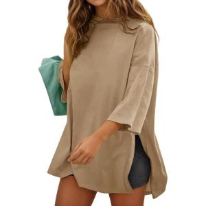 Fisoew Womens Oversized T Shirts Casual 3/4 Sleeve Side Slit Workout Gym Loose Fit Summer Tee Tunic Tops(Apricot)