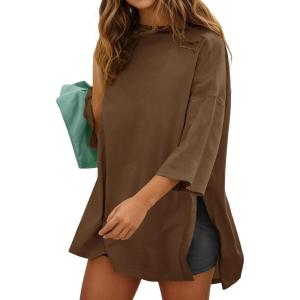Fisoew Womens Oversized T Shirts Casual 3/4 Sleeve Side Slit Workout Gym Loose Fit Summer Tee Tunic Tops(Brown)