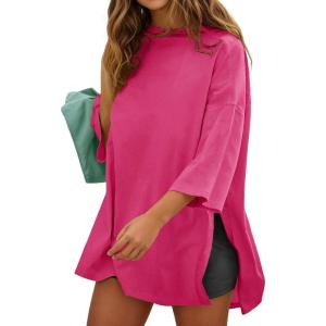 Fisoew Womens Oversized T Shirts Casual 3/4 Sleeve Side Slit Workout Gym Loose Fit Summer Tee Tunic Tops(Rose Red)
