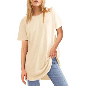 Fisoew Womens Oversized T Shirts Short Sleeve Tunic Tops Crew Neck T-Shirts Summer Casual Loose Fit Basic Tee(Beige)