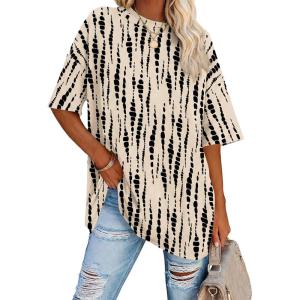 Fisoew Women’s Oversized T Shirts Tees Half Sleeve Crew Neck Cotton Tunic Tops(Black Stripe)
