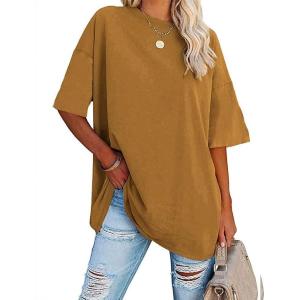 Fisoew Women’s Oversized T Shirts Tees Half Sleeve Crew Neck Cotton Tunic Tops(Brown)