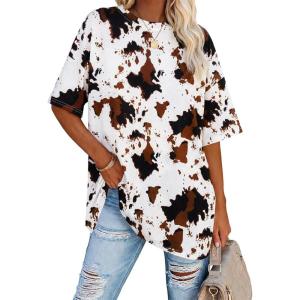 Fisoew Women’s Oversized T Shirts Tees Half Sleeve Crew Neck Cotton Tunic Tops(Brown Cow Print)