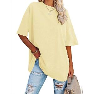 Fisoew Women’s Oversized T Shirts Tees Half Sleeve Crew Neck Cotton Tunic Tops(Cream)