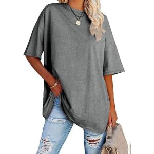 Fisoew Women’s Oversized T Shirts Tees Half Sleeve Crew Neck Cotton Tunic Tops(Dark Grey)