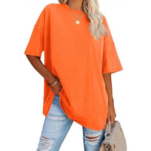 Fisoew Women’s Oversized T Shirts Tees Half Sleeve Crew Neck Cotton Tunic Tops(Fluorescent Orange)