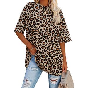 Fisoew Women’s Oversized T Shirts Tees Half Sleeve Crew Neck Cotton Tunic Tops(Leopard)