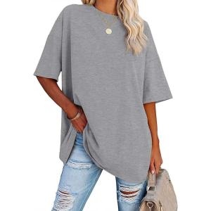Fisoew Women’s Oversized T Shirts Tees Half Sleeve Crew Neck Cotton Tunic Tops(Light Grey)