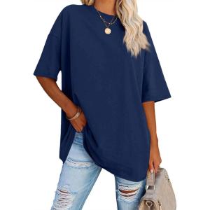 Fisoew Women’s Oversized T Shirts Tees Half Sleeve Crew Neck Cotton Tunic Tops(Navy)