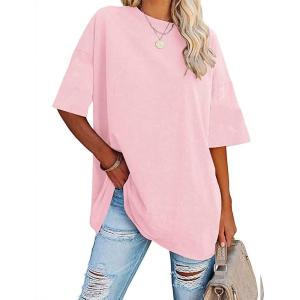 Fisoew Women’s Oversized T Shirts Tees Half Sleeve Crew Neck Cotton Tunic Tops(Pink)