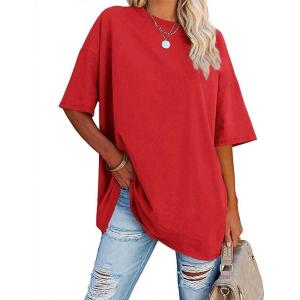 Fisoew Women’s Oversized T Shirts Tees Half Sleeve Crew Neck Cotton Tunic Tops(Red)