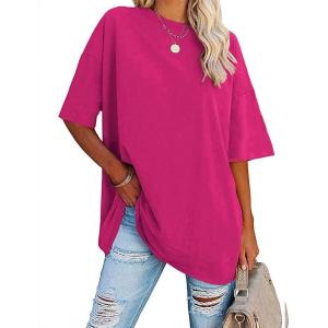 Fisoew Women’s Oversized T Shirts Tees Half Sleeve Crew Neck Cotton Tunic Tops(Rose Red)