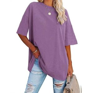Fisoew Women’s Oversized T Shirts Tees Half Sleeve Crew Neck Cotton Tunic Tops(Violet)