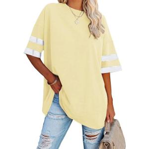 Fisoew Womens Oversized Tees Loose T Shirts Half Sleeve Crew Neck Color Block Cotton Tunic Tops(Beige)