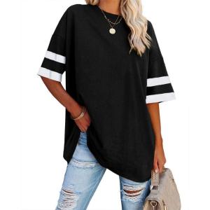 Fisoew Womens Oversized Tees Loose T Shirts Half Sleeve Crew Neck Color Block Cotton Tunic Tops(Black)