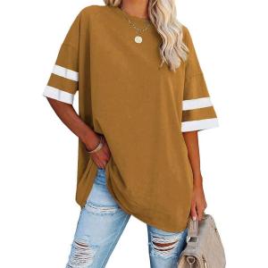 Fisoew Womens Oversized Tees Loose T Shirts Half Sleeve Crew Neck Color Block Cotton Tunic Tops(Brown)
