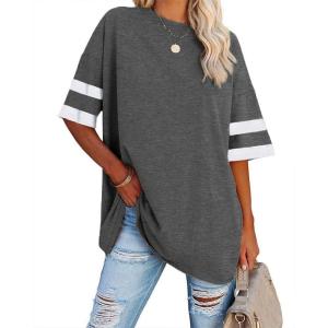 Fisoew Womens Oversized Tees Loose T Shirts Half Sleeve Crew Neck Color Block Cotton Tunic Tops(Dark Grey)