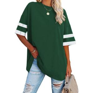 Fisoew Womens Oversized Tees Loose T Shirts Half Sleeve Crew Neck Color Block Cotton Tunic Tops(Green)