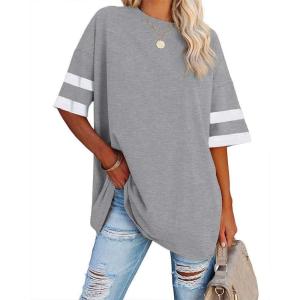Fisoew Womens Oversized Tees Loose T Shirts Half Sleeve Crew Neck Color Block Cotton Tunic Tops(Light Grey)