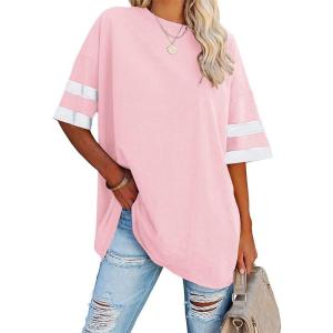 Fisoew Womens Oversized Tees Loose T Shirts Half Sleeve Crew Neck Color Block Cotton Tunic Tops(Pink)