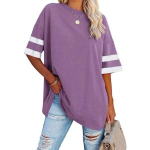 Fisoew Womens Oversized Tees Loose T Shirts Half Sleeve Crew Neck Color Block Cotton Tunic Tops(Purple)