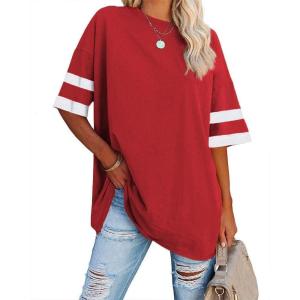 Fisoew Womens Oversized Tees Loose T Shirts Half Sleeve Crew Neck Color Block Cotton Tunic Tops(Red)