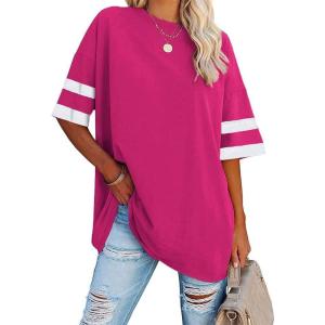 Fisoew Womens Oversized Tees Loose T Shirts Half Sleeve Crew Neck Color Block Cotton Tunic Tops(Rose Red)