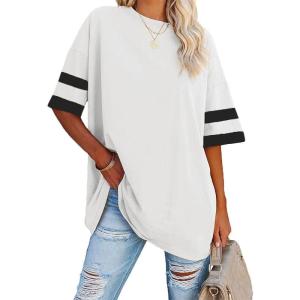 Fisoew Womens Oversized Tees Loose T Shirts Half Sleeve Crew Neck Color Block Cotton Tunic Tops(White)