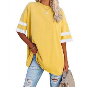 Fisoew Womens Oversized Tees Loose T Shirts Half Sleeve Crew Neck Color Block Cotton Tunic Tops(Yellow)