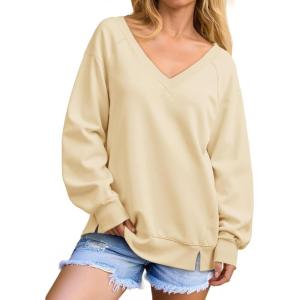 Fisoew Womens Oversized V Neck Sweatshirts Casual Fall Loose Fit Long Sleeve Pullover Tops(Beige)