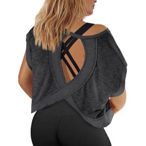 Fisoew Womens Plus Size Open Back Workout Tops Backless Short Sleeve Athletic Shirt Running Crop Top Gym Yoga T-Shirt(Dark Grey)