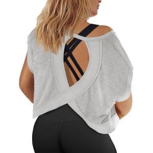 Fisoew Womens Plus Size Open Back Workout Tops Backless Short Sleeve Athletic Shirt Running Crop Top Gym Yoga T-Shirt(Light Grey)