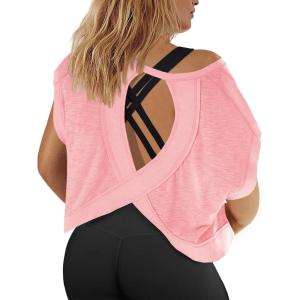 Fisoew Womens Plus Size Open Back Workout Tops Backless Short Sleeve Athletic Shirt Running Crop Top Gym Yoga T-Shirt(Light Pink)