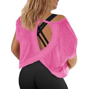 Fisoew Womens Plus Size Open Back Workout Tops Backless Short Sleeve Athletic Shirt Running Crop Top Gym Yoga T-Shirt(Pink)