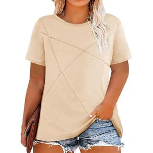 Fisoew Womens Plus Size Short Sleeve T Shirts Summer Casual Loose Fit Tees Crew Neck Curvy Tunic Tops(Beige)