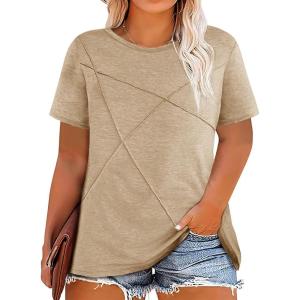 Fisoew Womens Plus Size Short Sleeve T Shirts Summer Casual Loose Fit Tees Crew Neck Curvy Tunic Tops(Khaki)