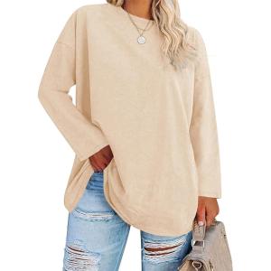 Fisoew Women’s Plus Size Tops Long Sleeve Crew Neck Oversized T Shirts Loose Casual Tunics(Beige)