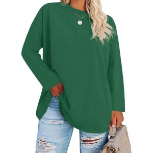 Fisoew Women’s Plus Size Tops Long Sleeve Crew Neck Oversized T Shirts Loose Casual Tunics(Dark Green)