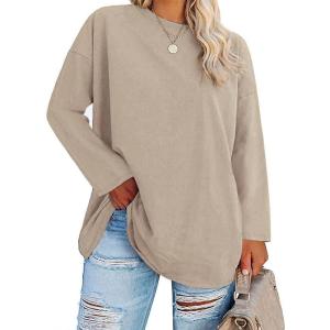 Fisoew Women’s Plus Size Tops Long Sleeve Crew Neck Oversized T Shirts Loose Casual Tunics(Khaki)