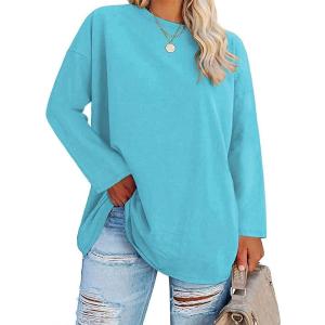 Fisoew Women’s Plus Size Tops Long Sleeve Crew Neck Oversized T Shirts Loose Casual Tunics(Lake Blue)