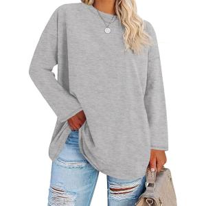 Fisoew Women’s Plus Size Tops Long Sleeve Crew Neck Oversized T Shirts Loose Casual Tunics(Light Grey)
