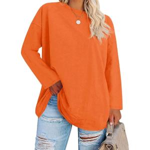 Fisoew Women’s Plus Size Tops Long Sleeve Crew Neck Oversized T Shirts Loose Casual Tunics(Orange)