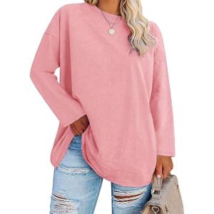 Fisoew Women’s Plus Size Tops Long Sleeve Crew Neck Oversized T Shirts Loose Casual Tunics(Pink)