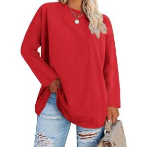Fisoew Women’s Plus Size Tops Long Sleeve Crew Neck Oversized T Shirts Loose Casual Tunics(Red)