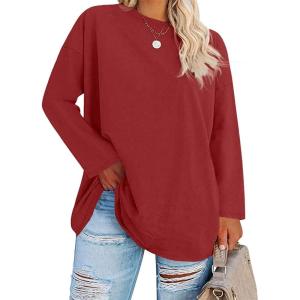 Fisoew Women’s Plus Size Tops Long Sleeve Crew Neck Oversized T Shirts Loose Casual Tunics(Wine Red)